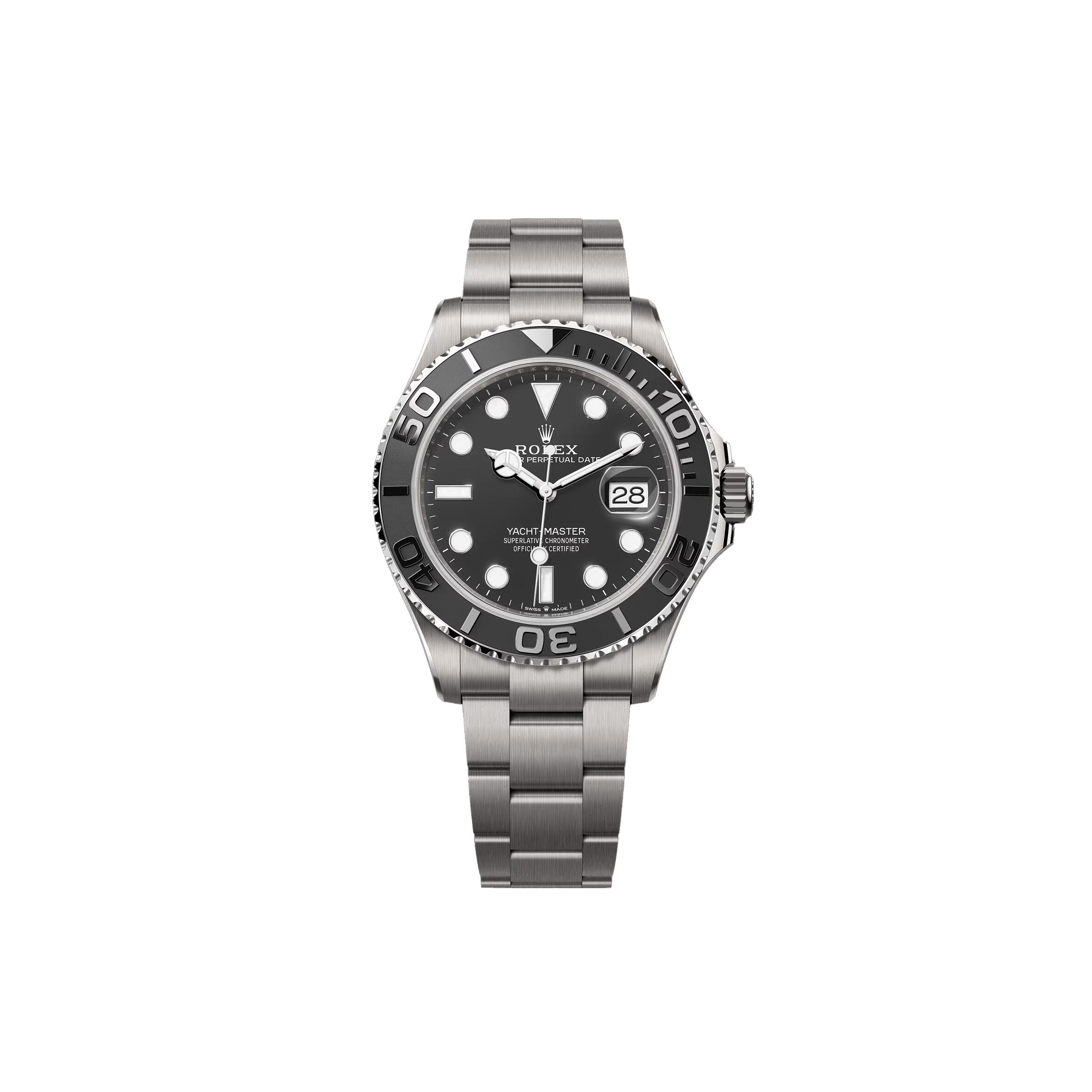 R01ex the oyster perpetual yacht-master 42 in rlx titanium with an intense black dial and an oyster bracelet